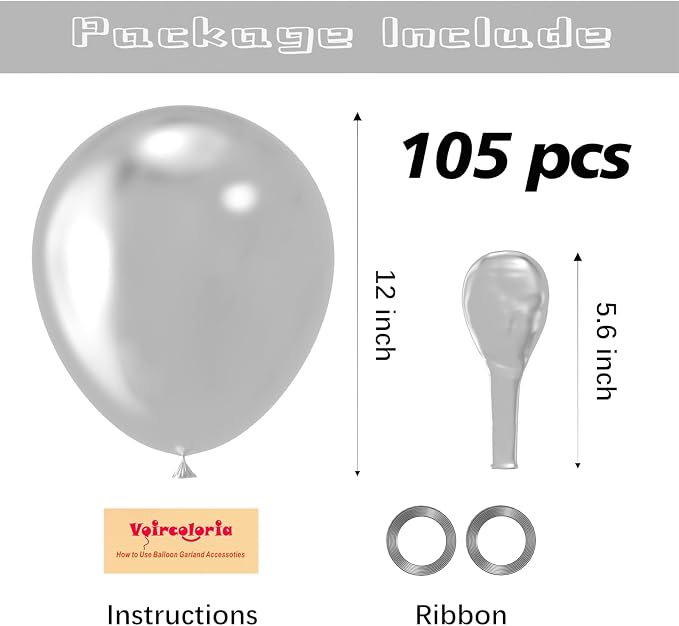 Voircoloria 105pcs Metallic Silver Party Latex Balloons, 12inch | - Image 2