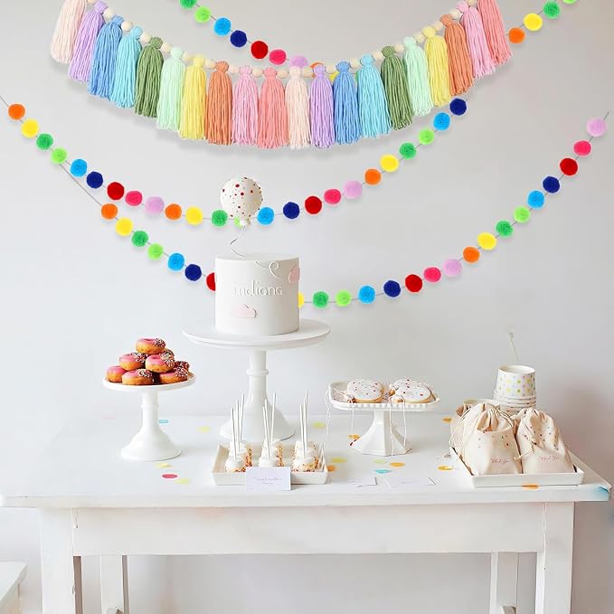 Boho Tassel Garland, Pom Pom Garland, Colorful Handmade Yarn Bunting Banner - Image 5