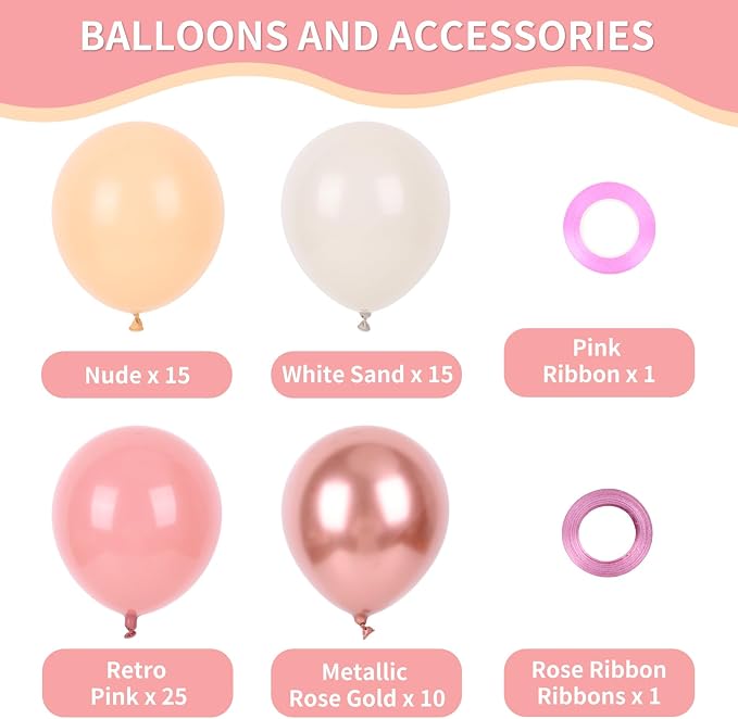 RUBFAC 65pcs 12 Inches Retro Pink Balloons Metallic Blush Rose Gold White Sand - Image 2