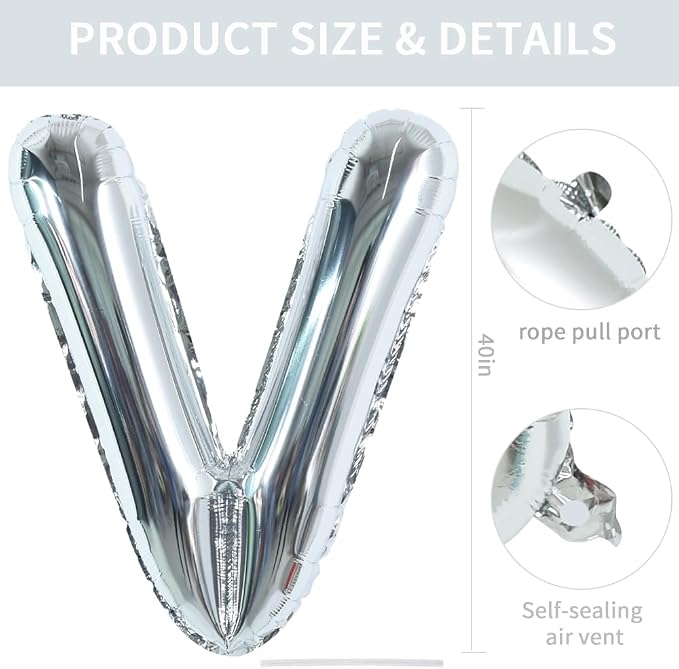 TONIFUL 40 Inch Large Silver Letter V Foil Balloons Alphabet Balloons | Giant - Image 2