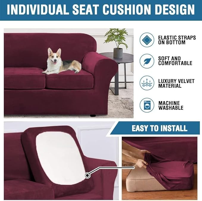 H.VERSAILTEX High Stretch Sofa Slipcover 4 Piece Cover Velvet Furniture - Image 6
