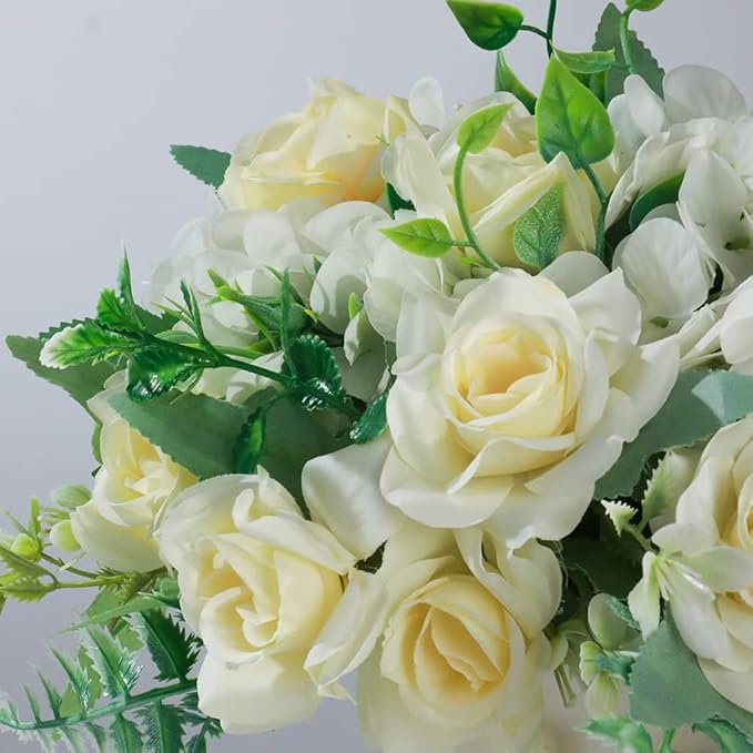 LESING Artificial Rose Silk Hydrangea Flowers Bouquets with Vase Rustic Fake Flowers for Home Decoration Table Centerpiece (White)