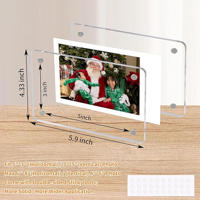 Acrylic Fridge Magnetic Picture Frames, 3x5 Inch Magnetic Clear Photo Frames Fit 3x5 and 4x6 Picture for Refrigerator/Locker/Wall, Compatible with Polaroid Camera Photos 6 Pack