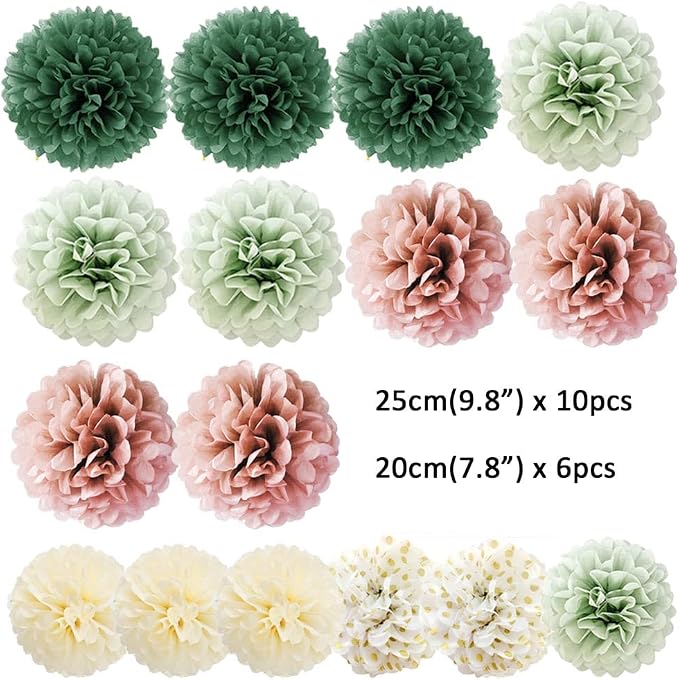 16pcs Dusty Rose Olive Sage Green Tissue Paper Pom Poms Flowers Sage Green - Image 7