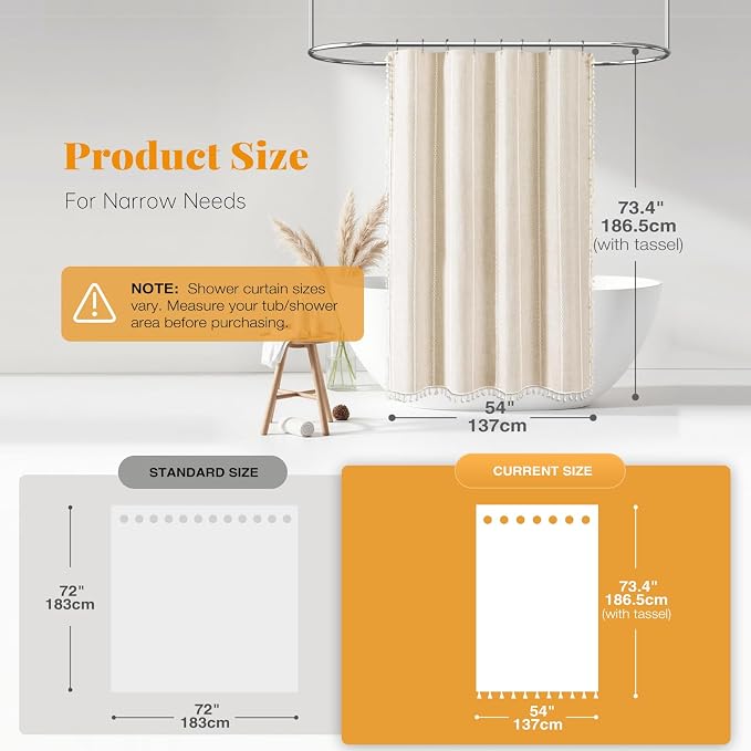 54 x 72 Boho Linen Heavy Duty Cloth Shower Curtain Set, Cream/Beige | Small Size - Image 3