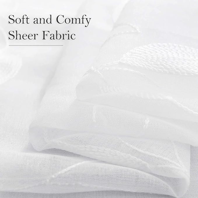 HOMEIDEAS White Sheer Curtains 52 X 63 Inches Length 2 Panels Embroidered Leaf - Image 6