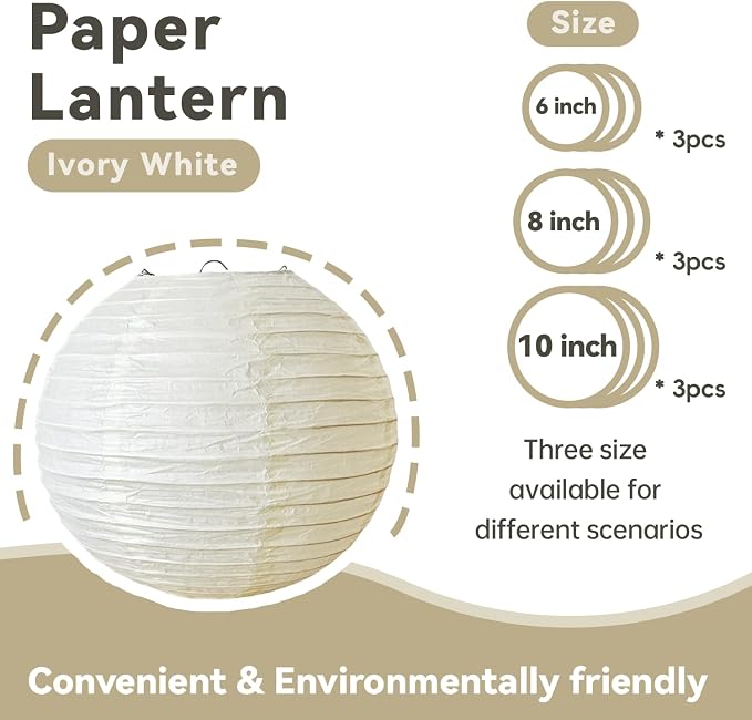 Cream Paper Lanterns 9Pcs Hanging Round Paper Lanterns Lamp - Image 9