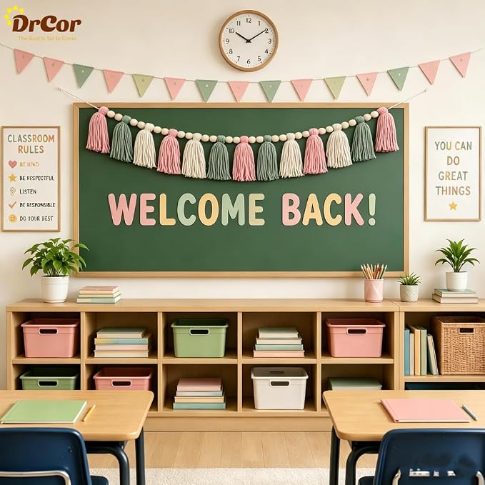 DrCor Pink & Sage Green Tassel Garland – Classroom Decor | Pastel boho wall - Image 2