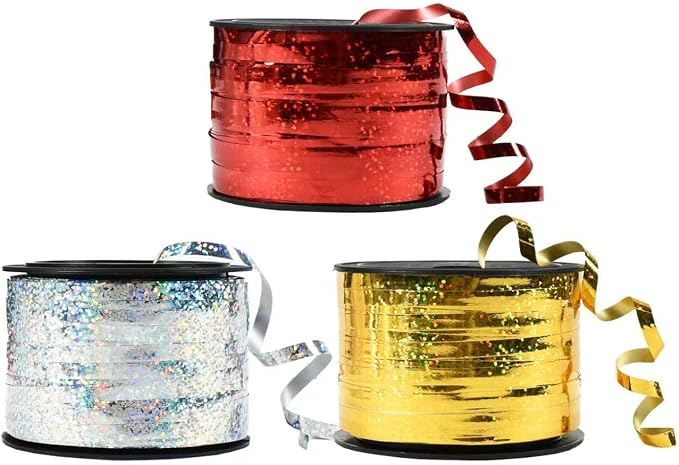 BEISHIDA 3 Pack 100 Yards Gold Silver Red Curling Crimped Glitter Ribbon by Beishida