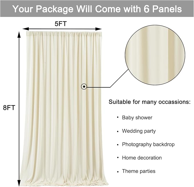 30 ft x 8 ft Ivory Backdrop Curtain Panels, 6 Panels 5 ft x 8 ft Wrinkle Free - Image 5