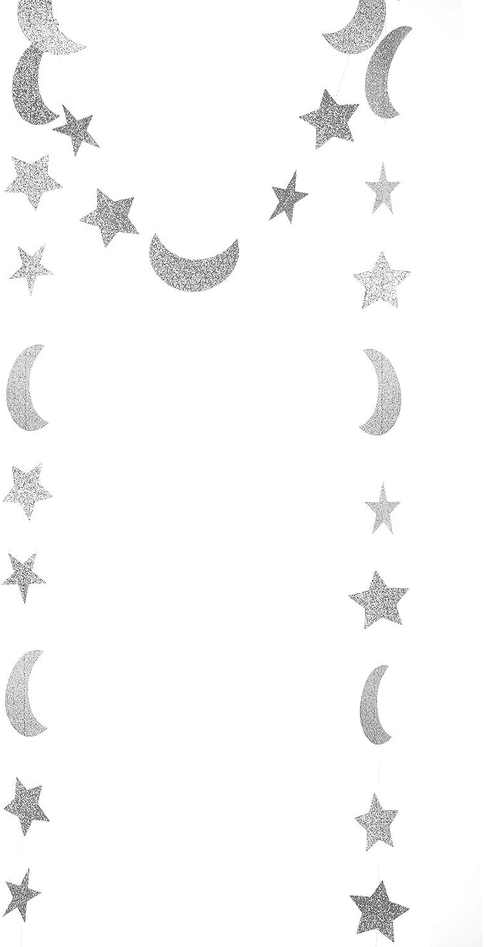 WEVEN Silver Glitter Moon Star Paper Garland, Twinkle Star and Moon Banner - Image 2