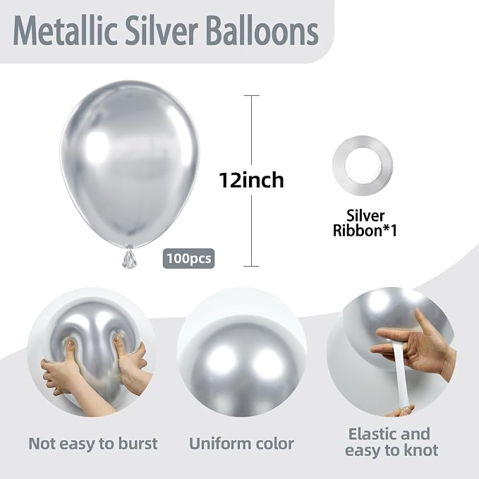 FOTIOMRG Metallic Silver Balloons 12 inch, 100 Pack Chrome Silver Latex Balloons - Image 2