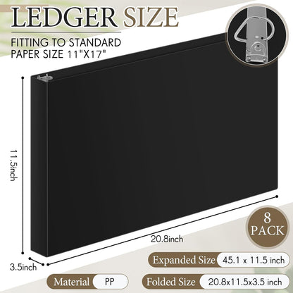 8 Pcs 11 x 17 Inch 3 Ring Binders 2 Inch Rings Heavy Duty View D Ring Binders Economy Holds 11" x 17" Paper for Artwork Blueprints, Office, Home, Work Places(Black)