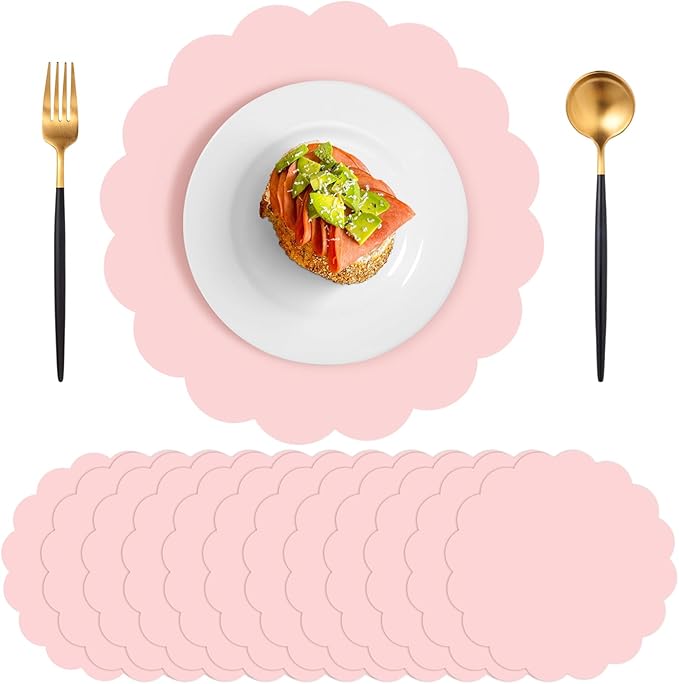 60 Pcs Light Pink Paper Placemats, 13.5 Inch Scalloped Table Mats | Thick Paper by NatNarr