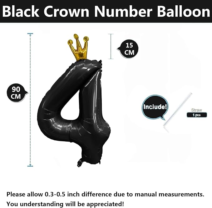 Black Number 4 Balloon with Crown, 40 inch Black Number Balloon 4th Birthday - Image 2