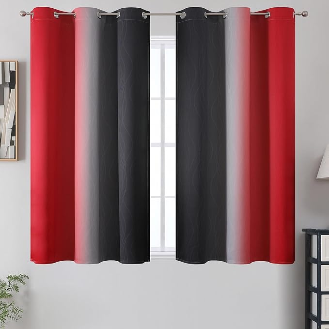 Ombre Red and Black Curtains 45 Inch Length 2 Panels, 100% Blackout Curtains - Image 2