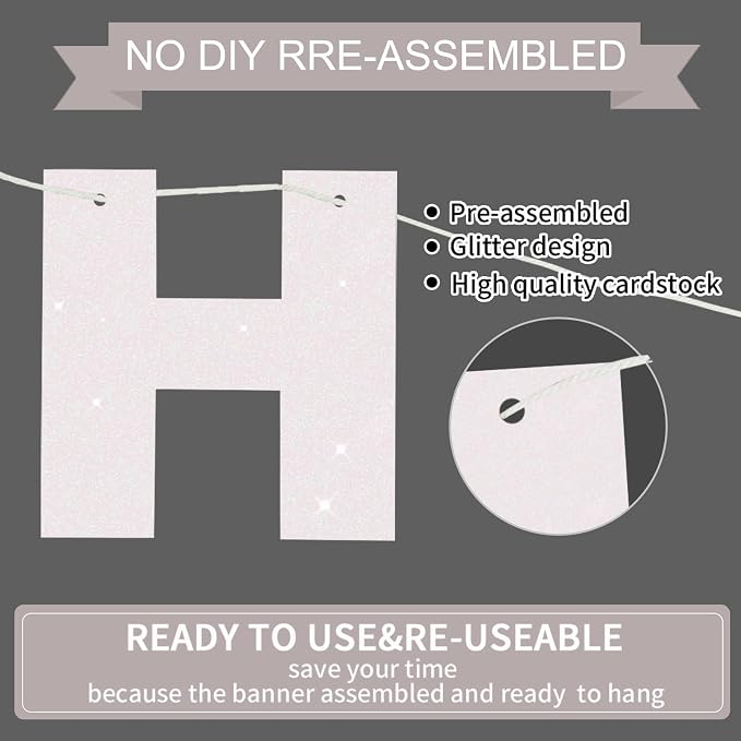 BEISHIDA Pre-Strung Glitter White Happy Birthday Banner Party Sign Decor | NO - Image 3