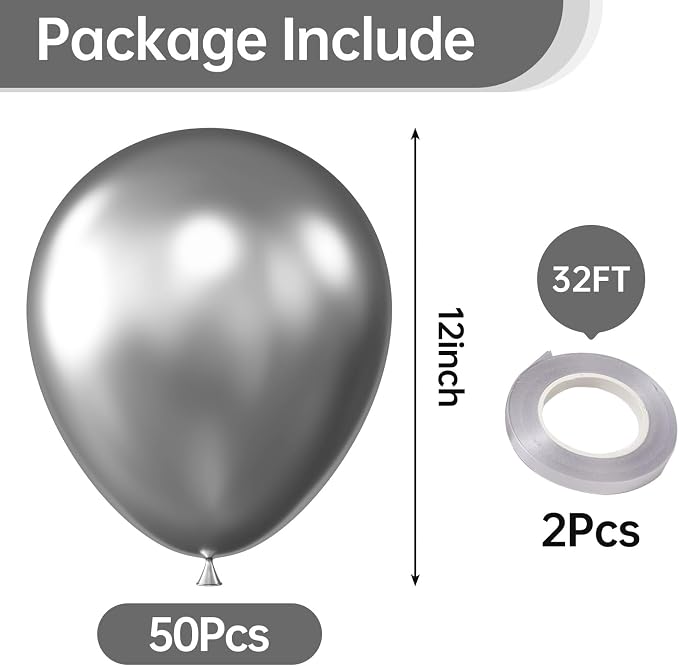 12 Inch Metallic Silver Balloons, Baby Shower, Graduate Party Decorations - Image 2