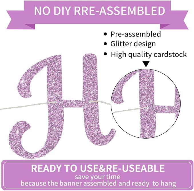 BEISHIDA Glitter Light Purple Happy Birthday Banner Party Decoration NO DIY | - Image 3