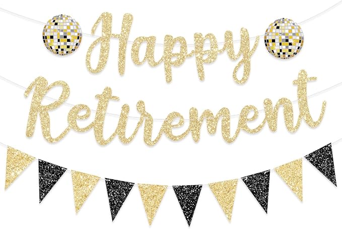 Pre Strung Happy Retirement Banner Party Decorations Gold Black Glitter Sign by FHGG