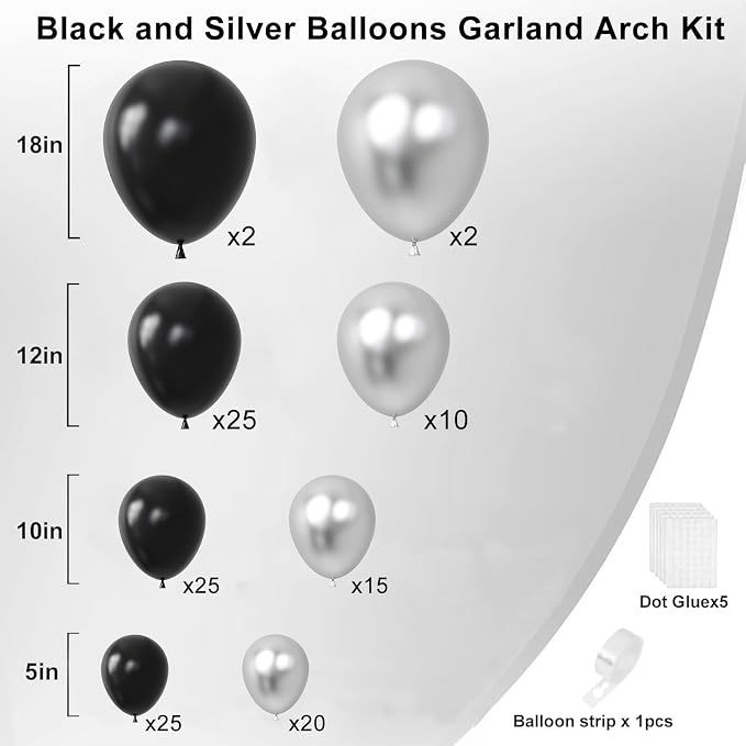 Black and Silver Balloons Arch Kit, 18 12 10 5 inch, Graduation, Anniversary - Image 2