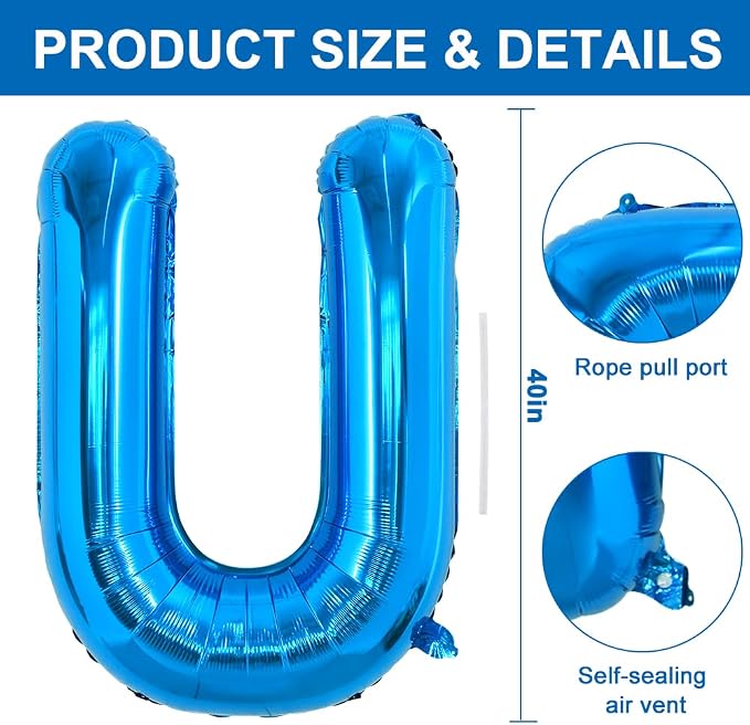 TONIFUL 40 Inch Large Blue Letter U Foil Balloons Alphabet Balloons | Giant - Image 2