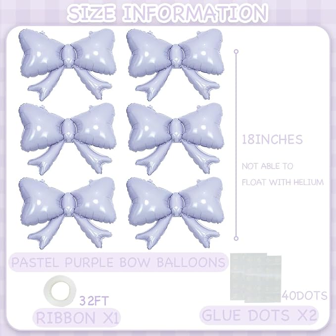 6 Pieces Bow Balloons, Light Purple Metallic Foil Bow Balloon, Big Pastel - Image 5