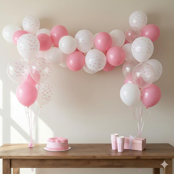 HILAVO Pink Bow Balloons, 12 Inch Pastel Light Pink Transparent White Bow Print - Image 4