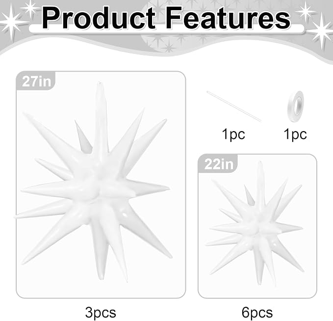 9Pcs White Star Balloons, Large Explosion Star Foil Balloons, Cone Mylar Spike - Image 2