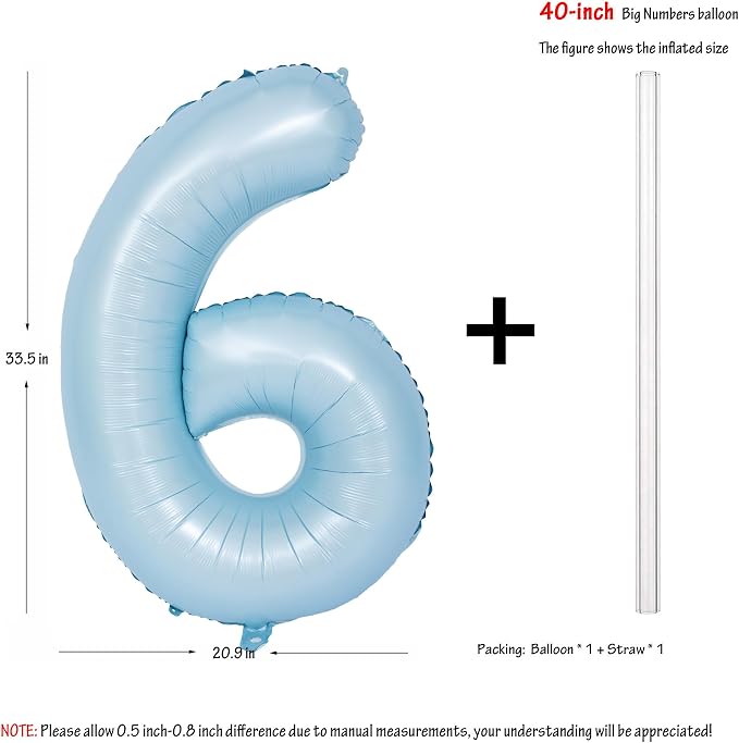 40 Inch Blue Number 6 Foil Balloon Light Blue Digital 6 Helium Balloon | - Image 2