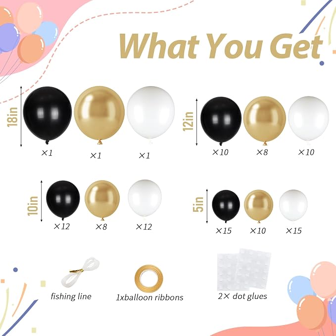 103pcs Black and Gold & White Balloon Garland Kit, 18/12/10/5 Inch Black & - Image 2