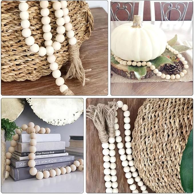 IMIKEYA Wood Bead Garland with Tassels 57In Natural Rustic Farmhouse Decor - Image 7