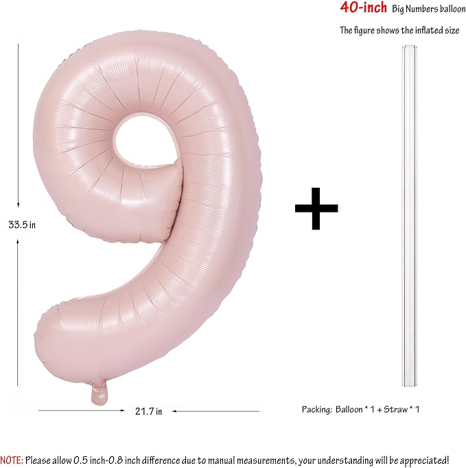 40 Inch Pink Number 9 Foil Balloon Light Pink Digital 9 Helium Balloon | - Image 2
