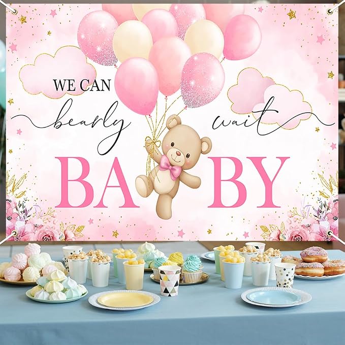 Mocsicka We Can Bearly Wait Backdrop Pink Bear Baby Shower Banner Girl Bear - Image 3