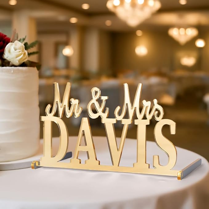 callie Personalized Mr and Mrs Wedding Table Name Sign, Custom Wooden Acrylic Table Decor for Wedding, Bridal Shower Party