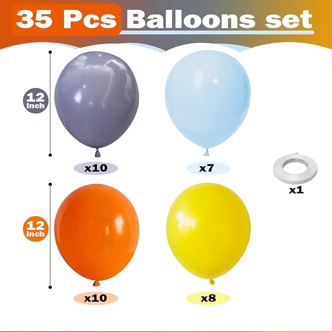 Construction Theme Balloons, 12 inch Orange Yellow Dusty Blue Latex Balloon - Image 2