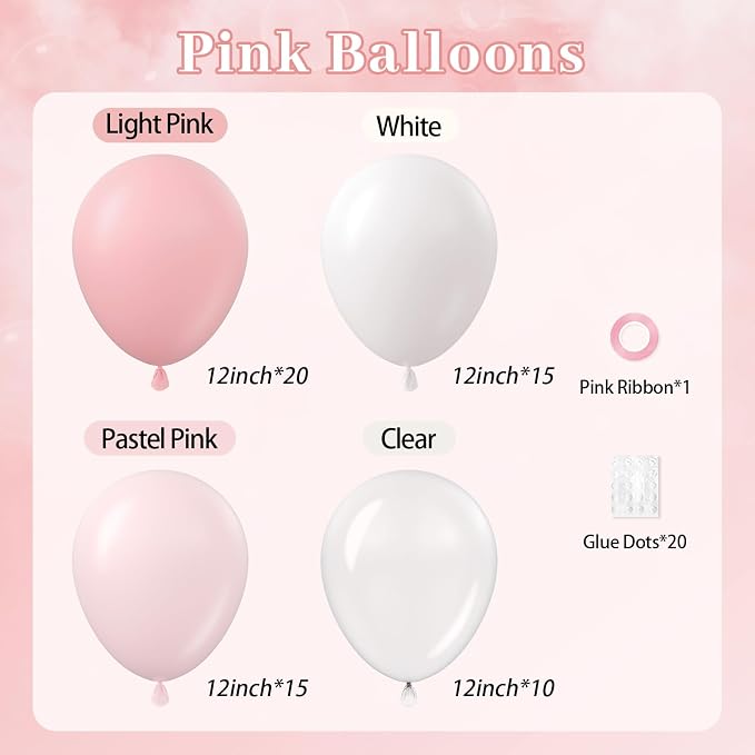60pcs Light Pink Balloons with Clear Pastel Pink and White Balloons - Image 3