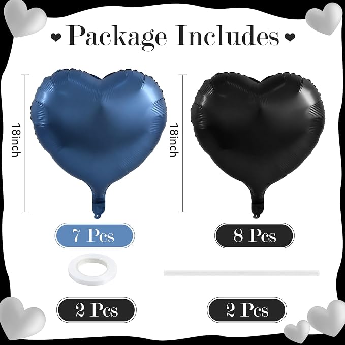 TONIFUL 15 Pack 18 Inch Matte Black and Dusty Blue Heart Foil Balloons Dark - Image 2