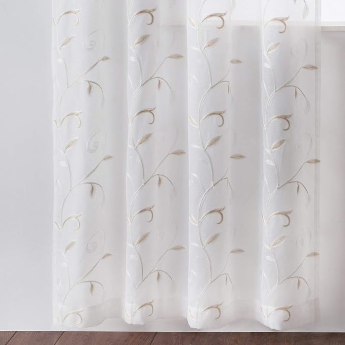 White Sheer Curtains Beige Embroidered Leaves 2 Panels 54Wx96L | Light - Image 7