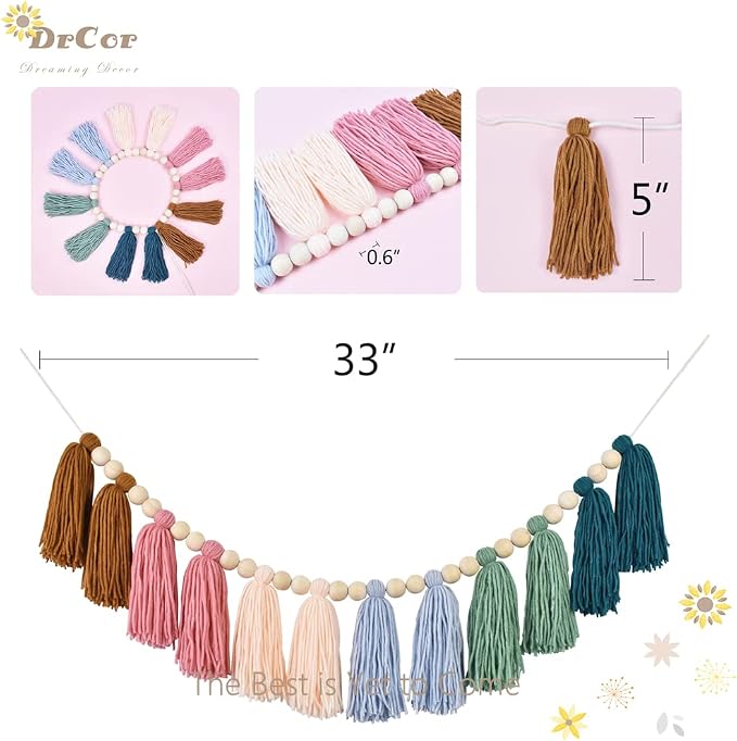 DrCor Earth Tone Tassel Garland – Boho Classroom Decor | Wood bead wall hanging - Image 6