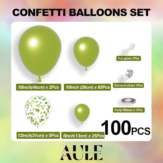 AULE 100Pcs Metallic Lime Green Balloons 18/12/10/5 Inch Different Sizes | - Image 2