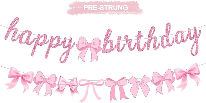 2pcs Glitter Pink Bow Party Banner Pre-Strung Happy Birthday Decorations Bow by RICHHHA