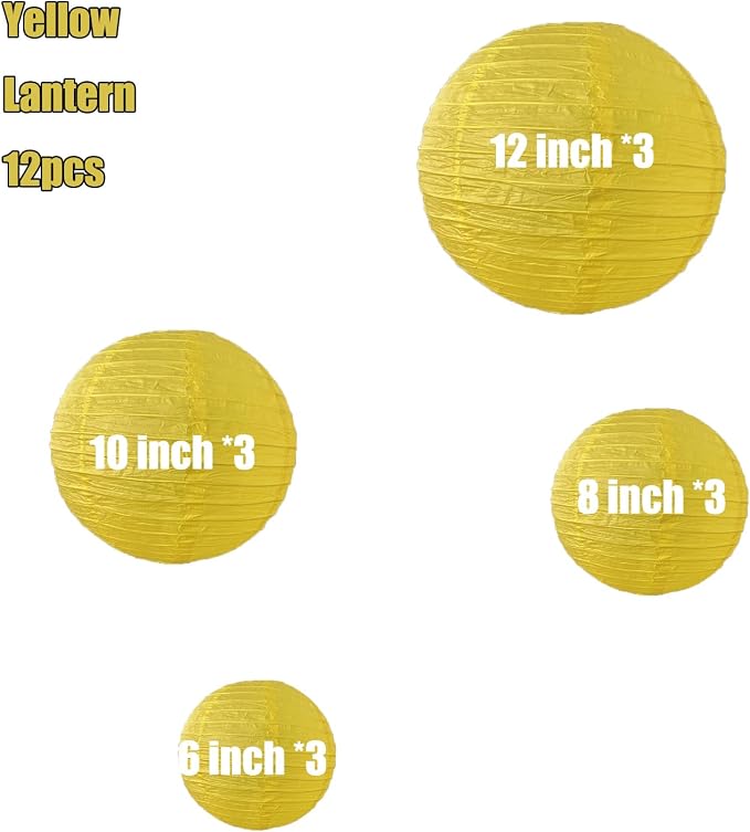 12Pcs 6, 12 Inch Mixed Sizes Yellow Paper Lanterns Decorative Chinese, Japanese - Image 2