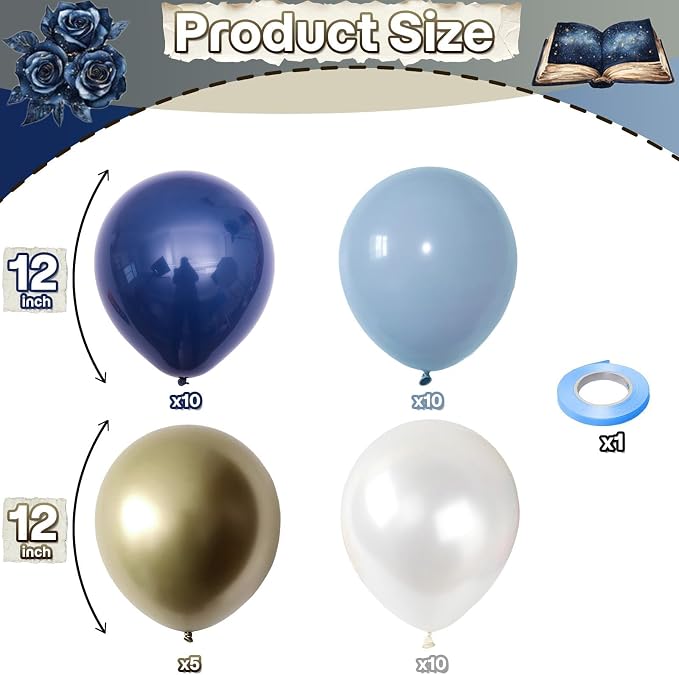 Retro Navy Blue Gold and White Balloons, 12inch Pastel Dark Light Blue White - Image 2