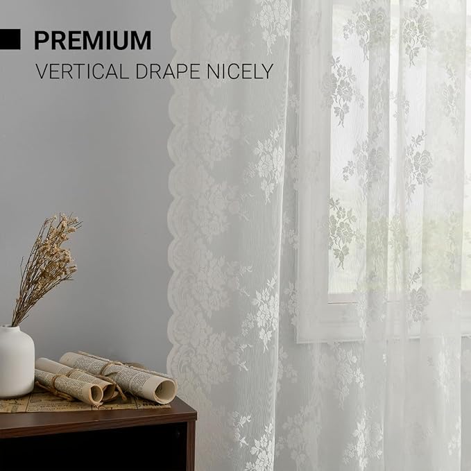 Kotile Ivory Lace Curtains for Kitchen Windows W52 x L45 Inch, 2 Panels | Rod - Image 5