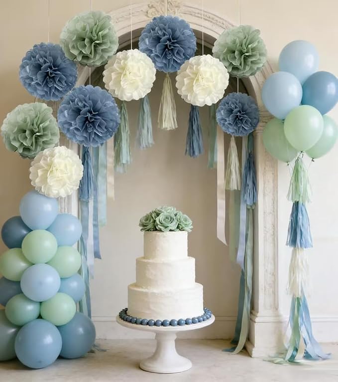 Sage-Green Dusty Blue Ivory Party-Decorations - Image 4