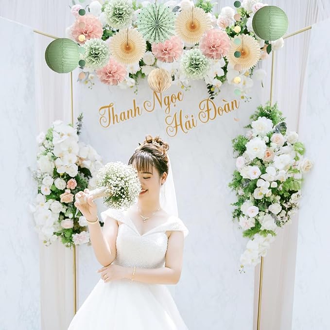 Sage Green and Blush Pink Party Decorations Paper Lanterns Sage Green Cream - Image 3
