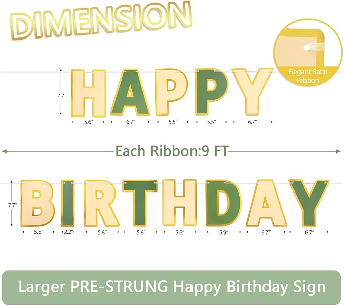 Pre-Strung Happy Birthday Banner Brown Green Party Decorations | adjustable cord - Image 2