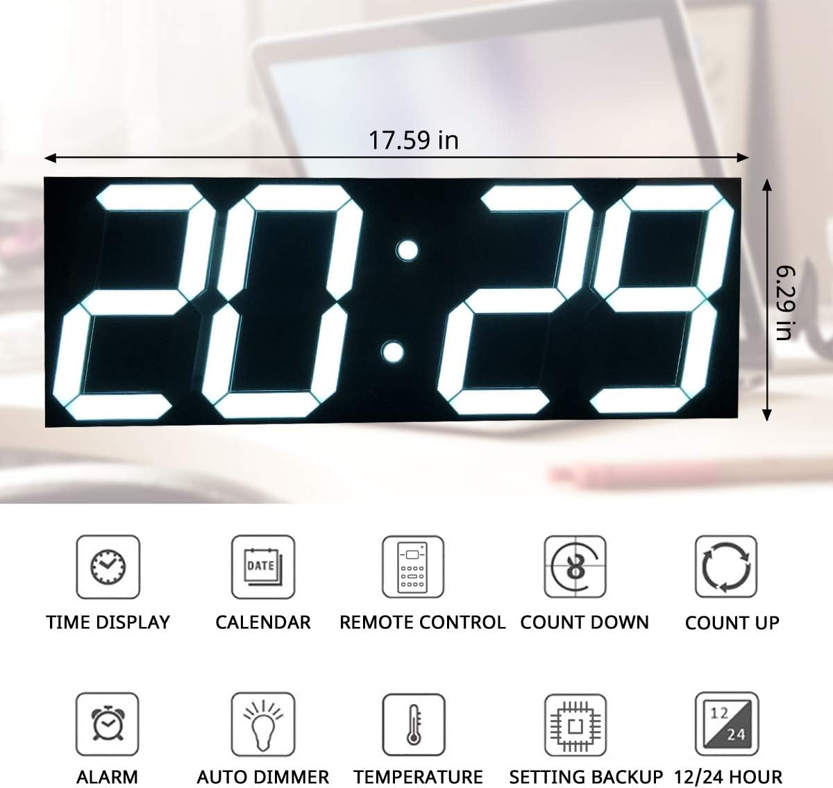 Goetland 18 inch Oversized Digital Wall Clock LED Modern Large Display Temperaturer Multi Functional Remote Control 4-Digit for Kitchen Office Living Room Classroom Single White