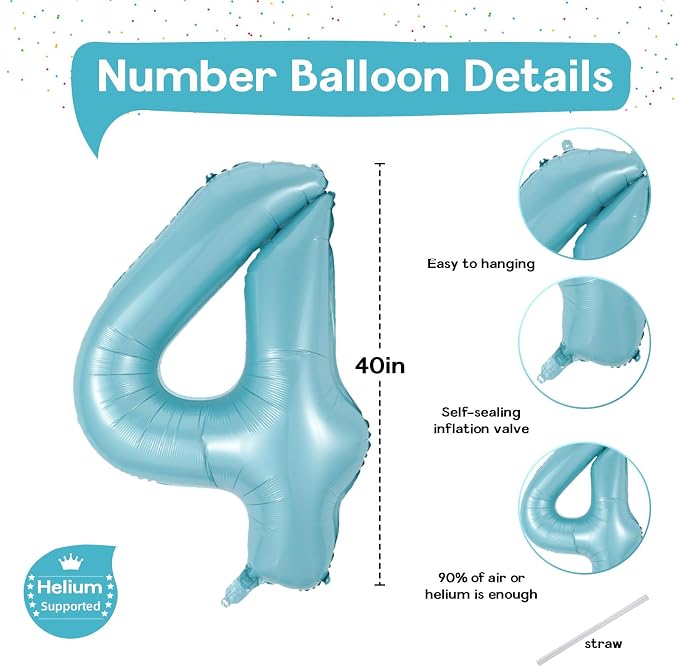 4 Balloons Number, 40 Inch Large Light Blue Number 4 Balloon, Baby Blue Foil - Image 2